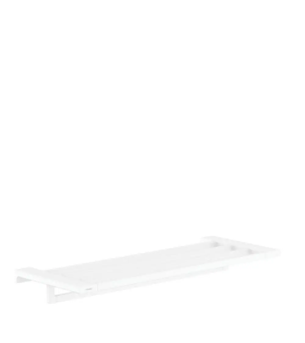 Eine handtuchablage in Mattweiß von Hansgrohe, bestehend aus einem länglichen, schlichten Design mit integrierter Ablagefläche und Halter für Handtücher.